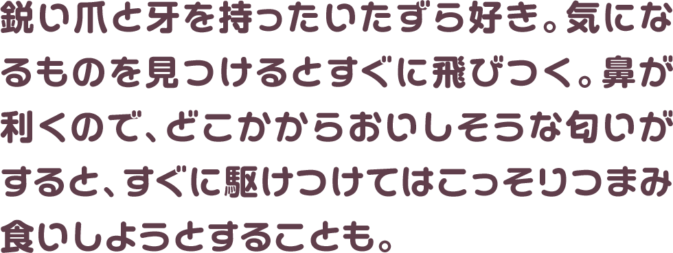 鋭い爪と牙を持ったいたずら好き。気になるものを見つけるとすぐに飛びつく。鼻が利くので、どこかからおいしそうな匂いがすると、すぐに駆けつけてはこっそりつまみ食いしようとすることも。