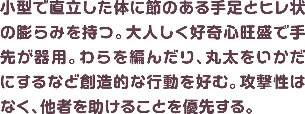 小型で直立した体に節のある手足とヒレ状の膨らみを持つ。大人しく好奇心旺盛で手先が器用。わらを編んだり、丸太をいかだにするなど創造的な行動を好む。攻撃性はなく、他者を助けることを優先する。